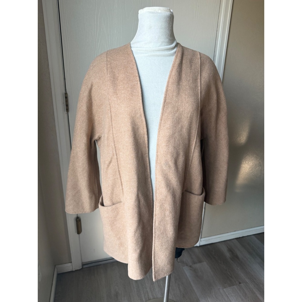Zara Woman Hand Made Camel Tan Wool Blend Open Front Pocket Coat Size M